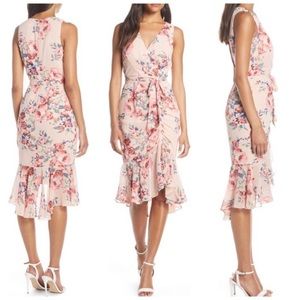 NWOT Eliza J Floral Ruched Chiffon Faux Wrap Dress size 12